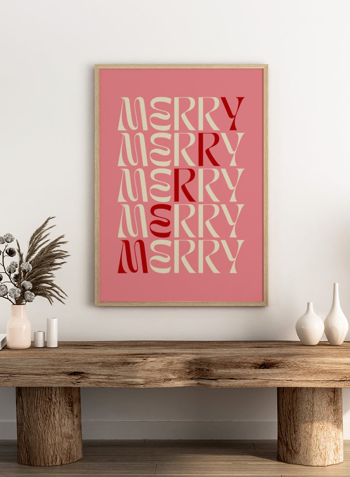 Shop Festive Merry Typography by Dominique Vari, a retro Christmas wall art print poster featuring repeated “Merry” lettering in pink, cream, and red.
