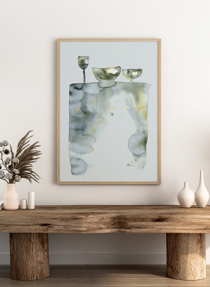 Shop Abstract Still Life Bowls by Helena Ryhle, a modern still life wall art print poster featuring watercolor bowls, glassware, and soft abstract forms.