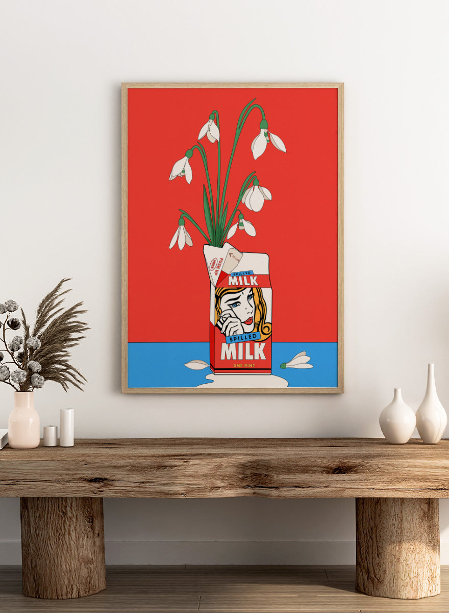 A stylized pop-art illustration of a milk carton with a woman&