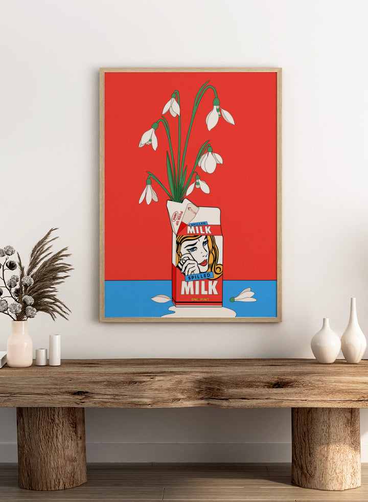 A stylized pop-art illustration of a milk carton with a woman&