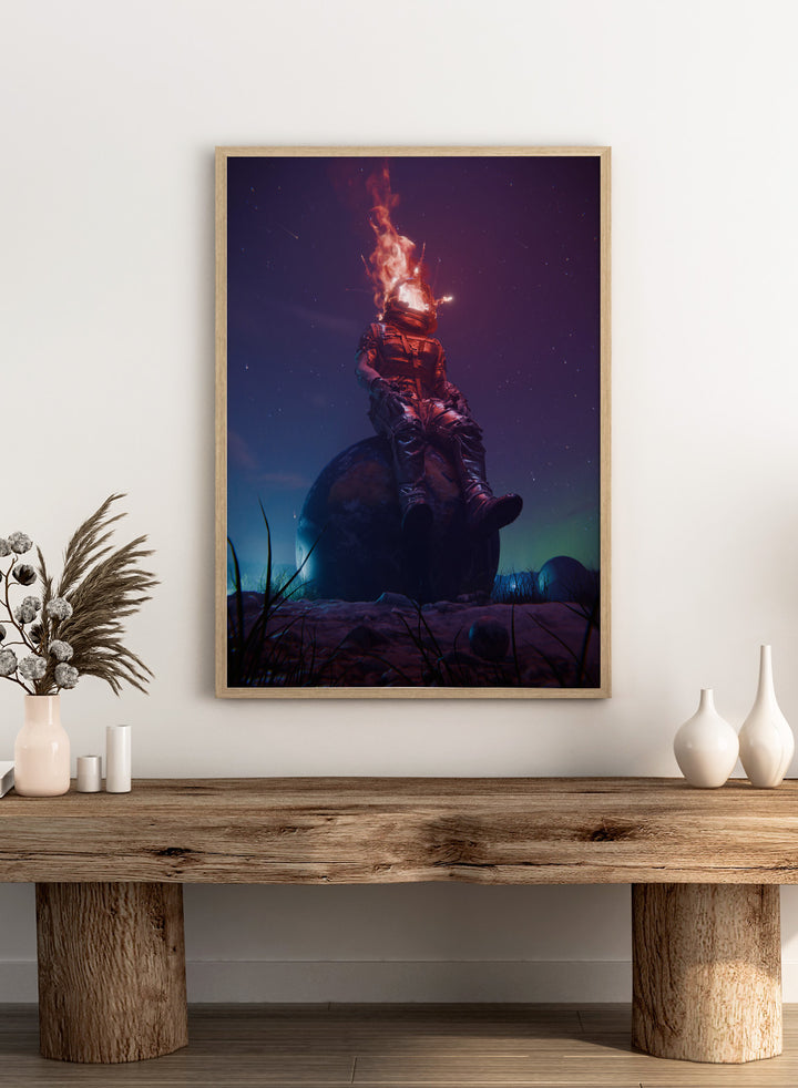 Flaming Astronaut Stars by Nicebleed is a surreal astronaut art print with fire helmet, cosmic sky, and modern sci-fi aesthetic poster design.