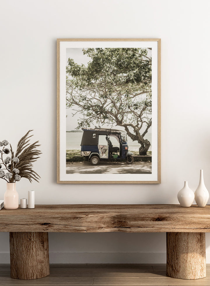 A framed photographic print featuring a small blue and white auto rickshaw parked under a large leafy tree beside a body of water. Tuk Tuk Tour by Shot by Clint travel photography print featuring a blue tuk tuk, surfboard, coastal tree, and relaxed seaside setting.