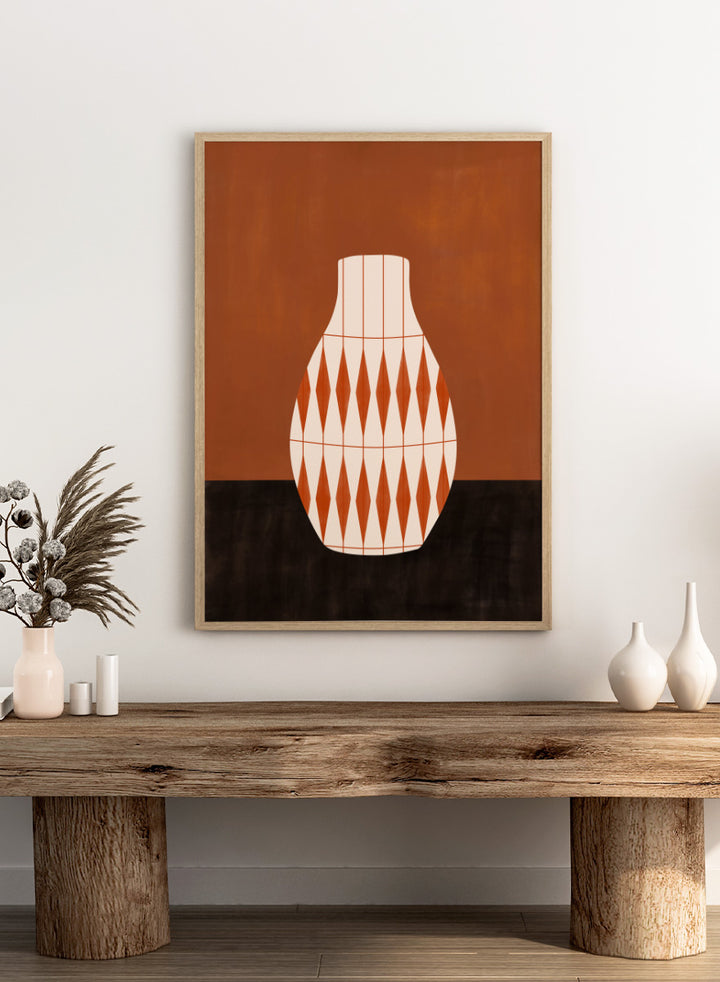 Shop Geometric Orange Vase by Elena Ristova, a modern wall art print poster featuring a cream vase with bold orange diamond patterns and rich rust tones.