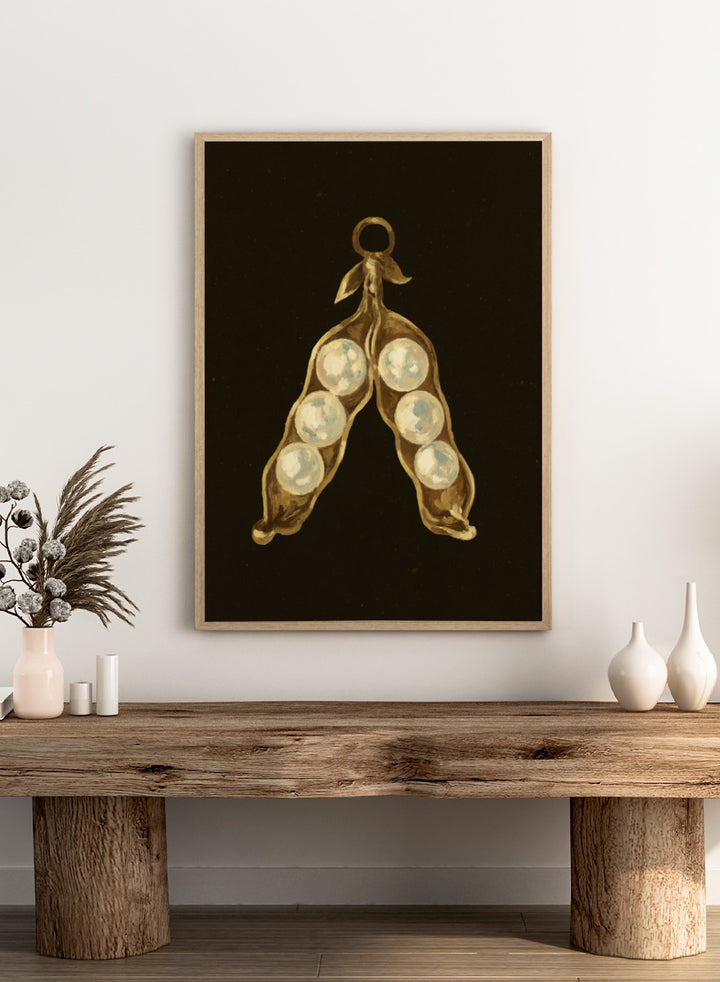 Shop Golden Pea Pod Pearls Ornament by NKTN, a whimsical Christmas wall art print poster featuring golden pea pods, pearl-like peas, and vintage ornament style.