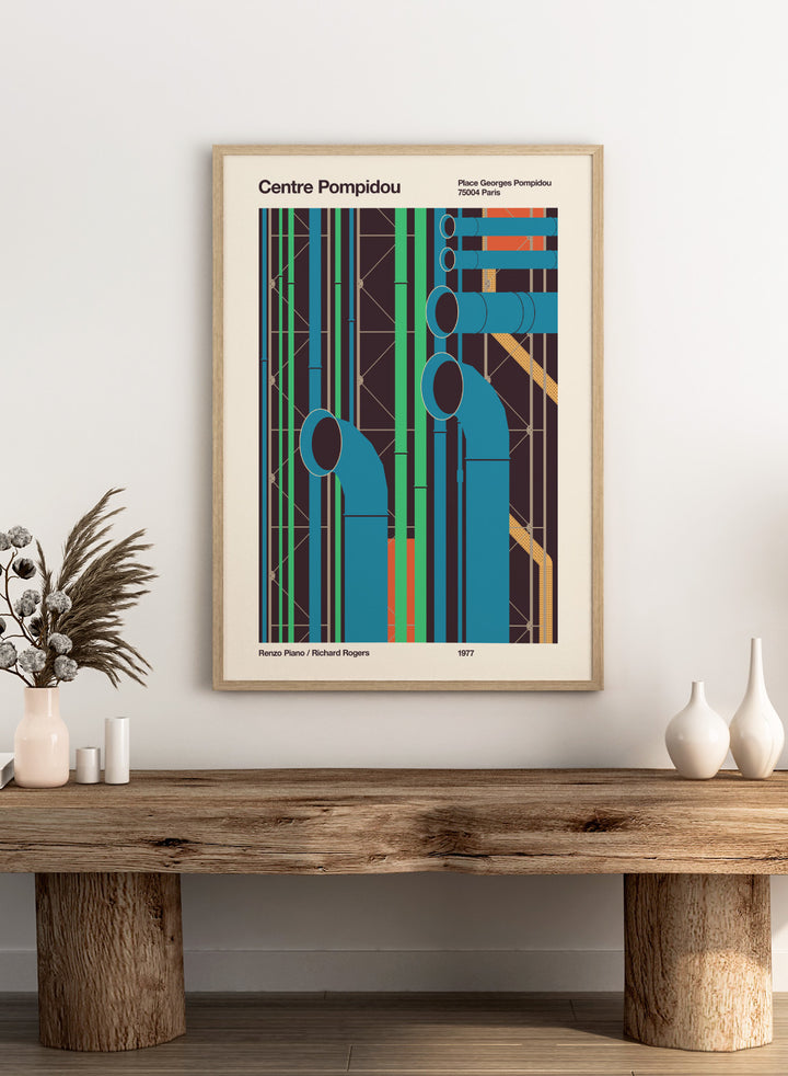 Poster of Centre Pompidou with abstract design and text. Colorful Architectural Pipes by Florent Bodart is a modern architectural art print inspired by Centre Pompidou pipes, a bold geometric wall poster with vibrant color.