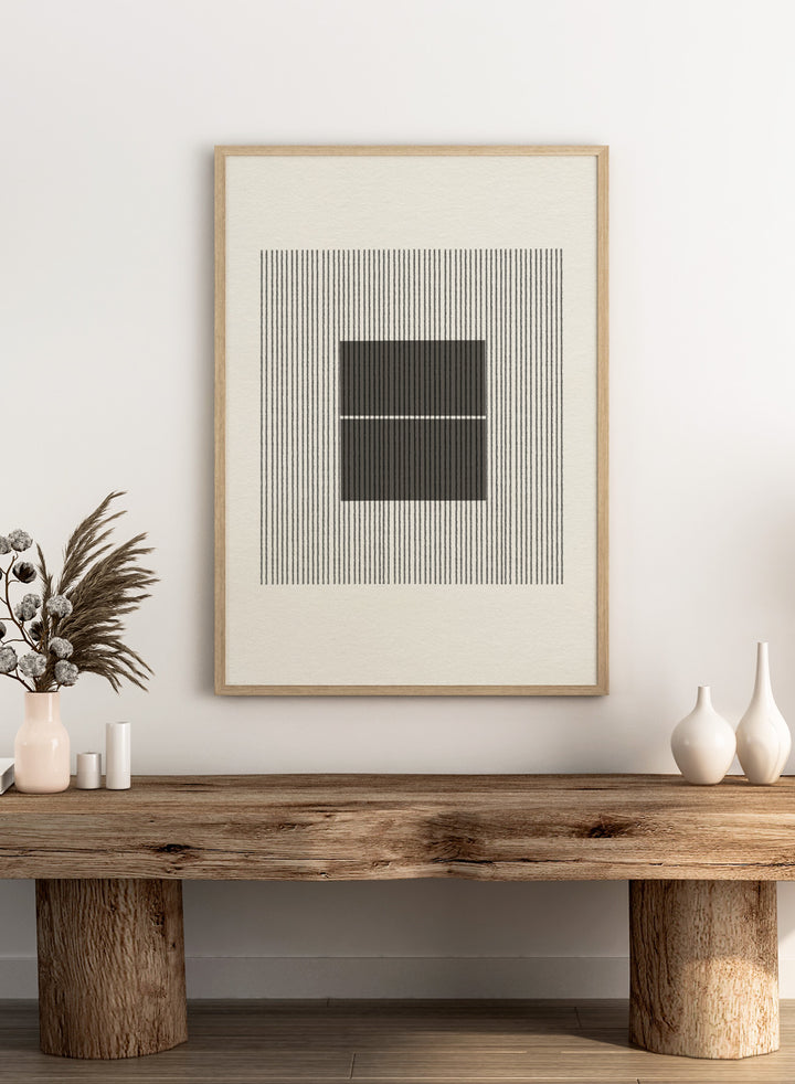 Black and white geometric design with lines and squares on a plain background. Line Harmony by The MIUUS Studio is a fine art print and wall poster featuring abstract linework, geometric balance, and minimalist black and white design.