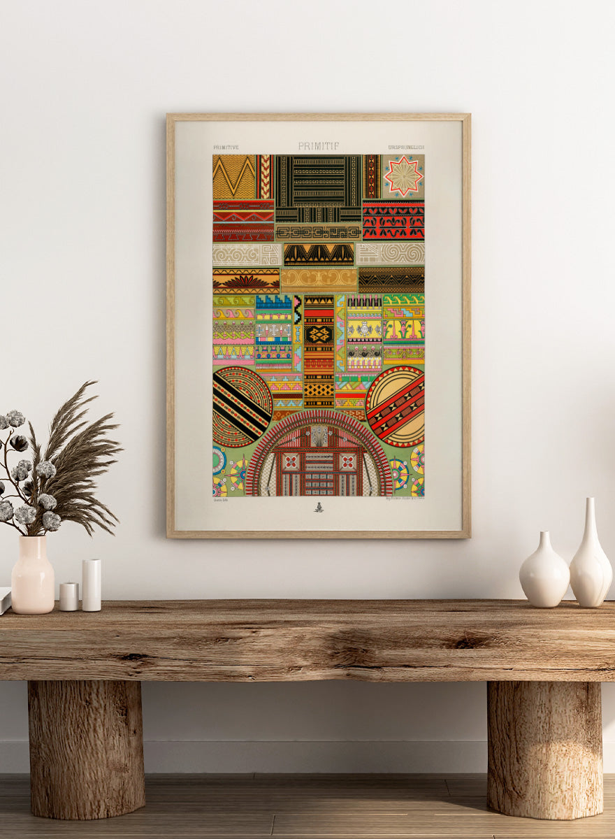 Primitive Pattern by Albert Racinet vintage art print featuring colorful geometric, floral and decorative motifs from the 1888 edition of L’Ornement Polychrome.