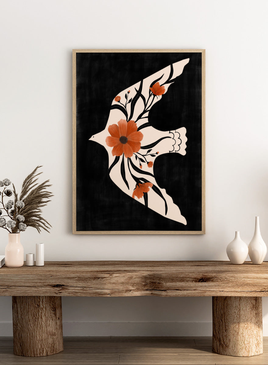 Shop Poppy Birds in Flight by Elena Ristova, a modern bird wall art print poster featuring a cream dove filled with terracotta poppies on a black background.