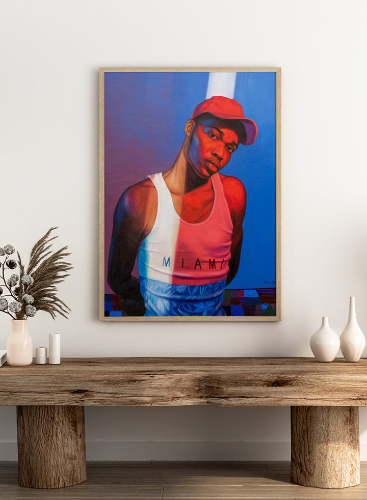 A stylized portrait painting of a man wearing a red cap, a white tank top with &