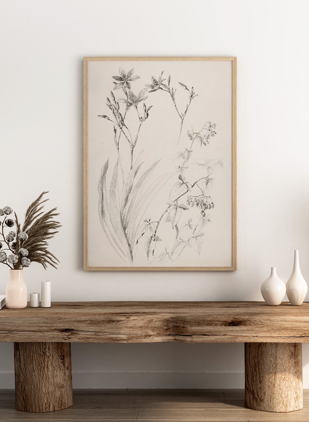 Botanical Study by George Elbert Burr is a vintage pen and ink botanical print of lilies, leaves, and berries, a detailed nature drawing for wall art.