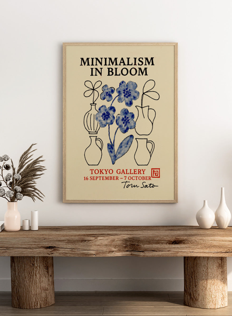 Blooming Simplicity by Treechild botanical gallery poster featuring blue flowers, hand-drawn vases, bold typography, and vintage exhibition styling.