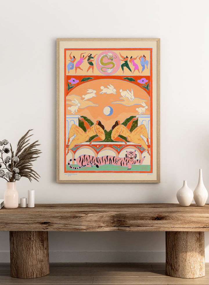 Decorative artwork with animals and people in a stylized setting. Rabbit Jumps Over the Moon by Arty Guava is a surreal art print with rabbits, dancers, and a tiger in bold color. Officially licensed wall poster.