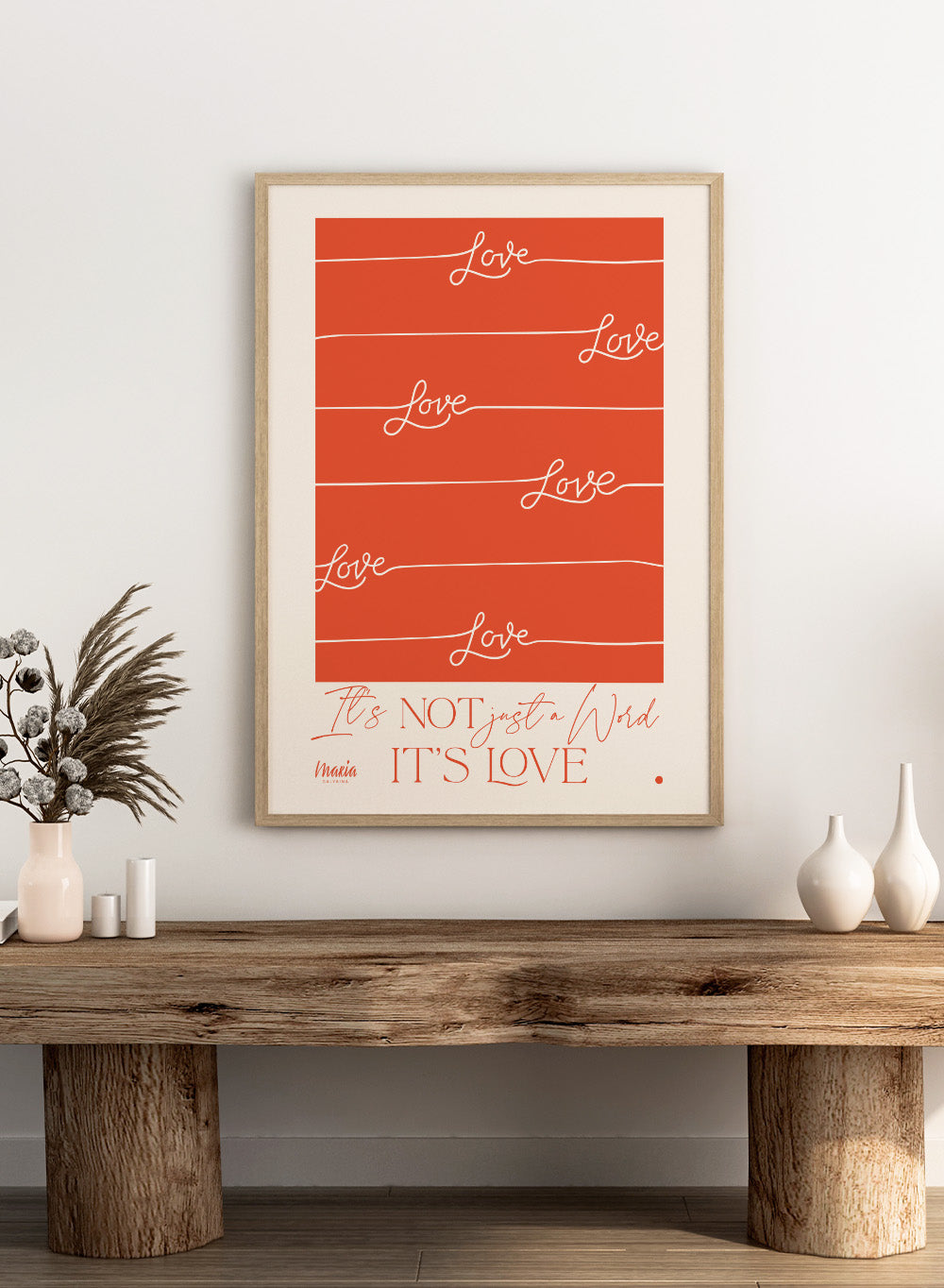 Red poster with 'Love' text and a quote on an orange background. About Love. One Word by Maria Galybina features bold typography and warm coral tones. Modern love quote art print and contemporary wall poster.
