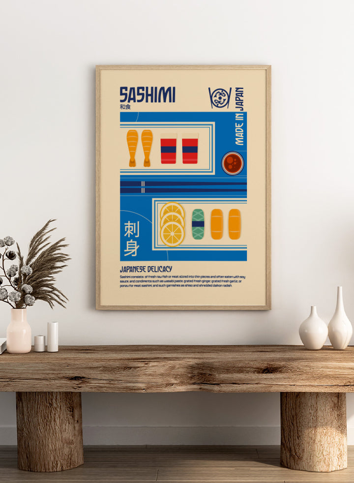 A stylized travel poster of Japanese Sashimi, featuring flat vector illustrations of raw fish, washi tape, soy sauce, and lemon slices on a beige background with blue and white graphic panels. Japanese Sashimi Delicacy by Retrodrome kitchen art print featuring sashimi, soy sauce, citrus, bold retro typography, and vintage Japanese-inspired design.