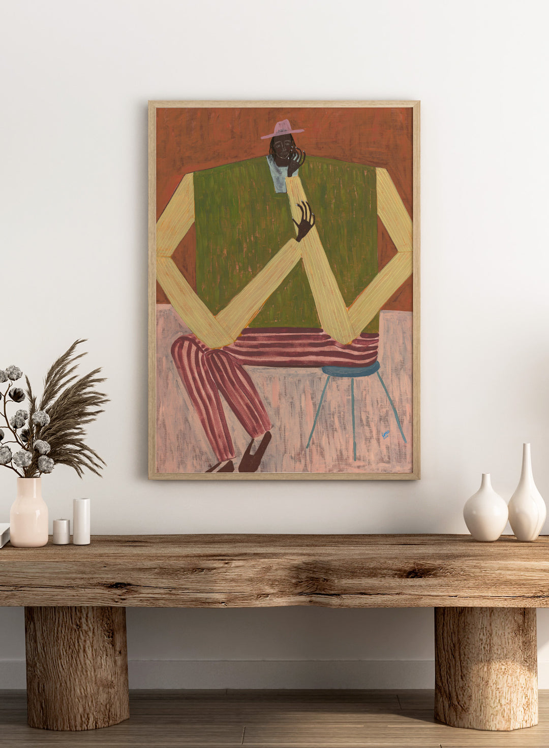 Surrealistic painting of a person sitting on a chair with geometric shapes and abstract design. Take a Moment by Studio IMO (Ibi Meier-Oruitemeka) is a modern figurative art print featuring a seated figure in a calm, reflective pose, designed as a contemporary wall art poster.