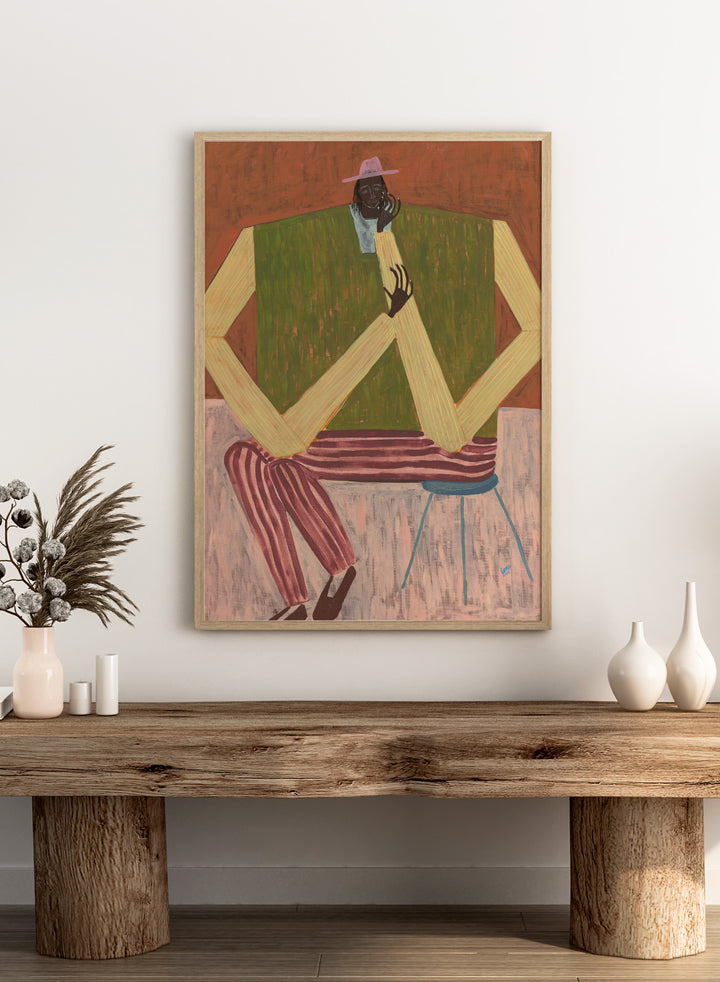 Surrealistic painting of a person sitting on a chair with geometric shapes and abstract design. Take a Moment by Studio IMO (Ibi Meier-Oruitemeka) is a modern figurative art print featuring a seated figure in a calm, reflective pose, designed as a contemporary wall art poster.
