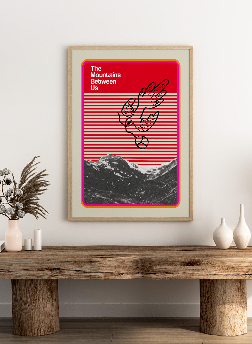 Print of 'The Mountains Between Us' with a red and white striped pattern and mountain illustration. Mountains Between Us by Frances Collett art print featuring red graphic stripes, flying dove illustration, and mountain landscape. Officially licensed modern wall poster with optional framing.