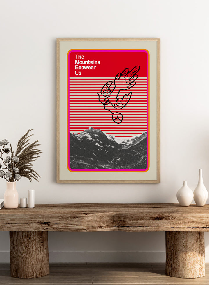 Print of 'The Mountains Between Us' with a red and white striped pattern and mountain illustration. Mountains Between Us by Frances Collett art print featuring red graphic stripes, flying dove illustration, and mountain landscape. Officially licensed modern wall poster with optional framing.