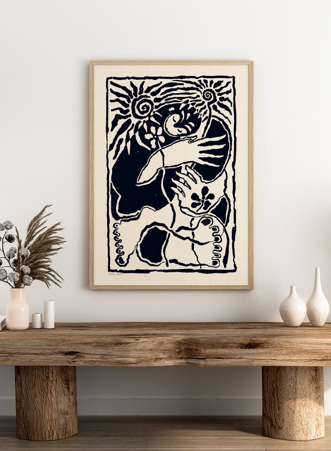 Black and white artwork of a stylized figure with abstract patterns. Protection Black by Eden Kalif is a modern abstract figurative art print in bold black, a contemporary aesthetic wall poster with expressive shapes and symbolic elements.