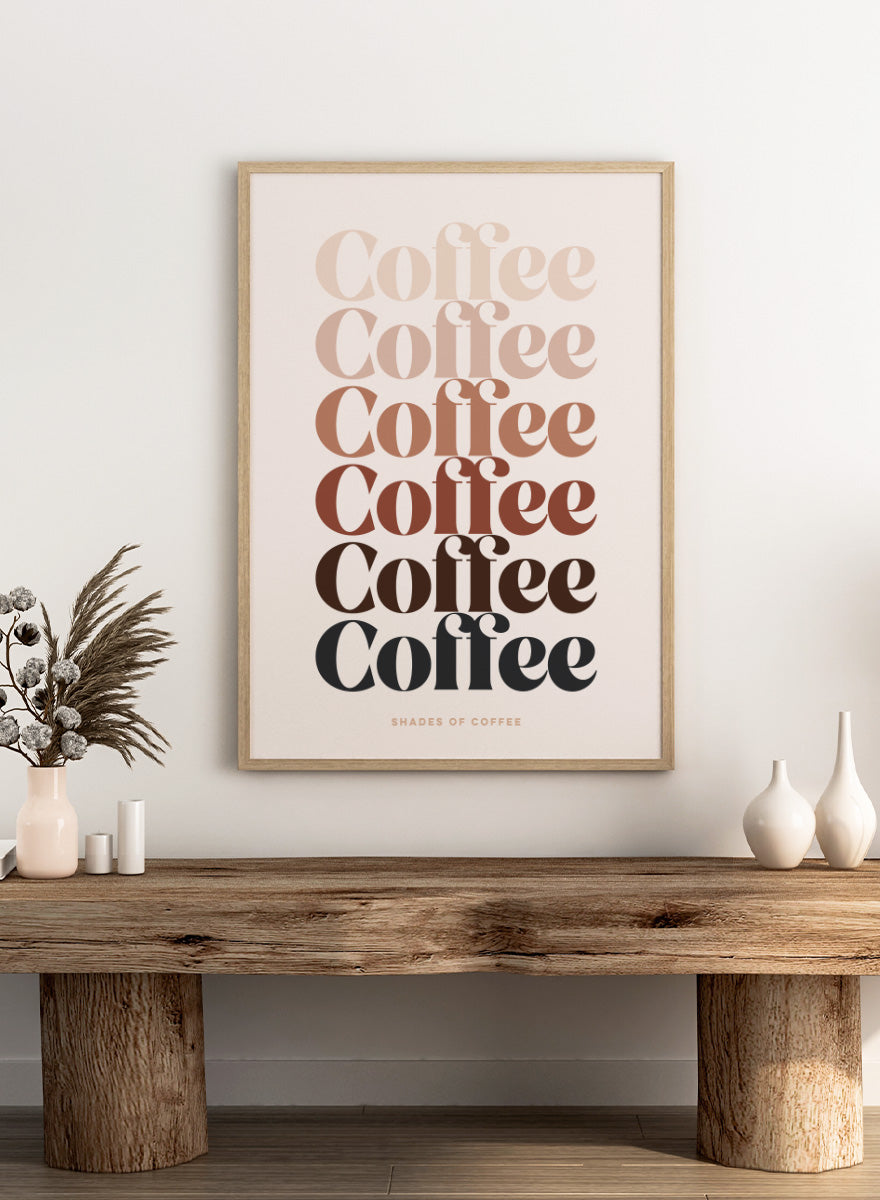 Shop Coffee Color Palette by Dominique Vari, a retro typography wall art print poster featuring layered coffee lettering in cream, beige, caramel, brown, and black.