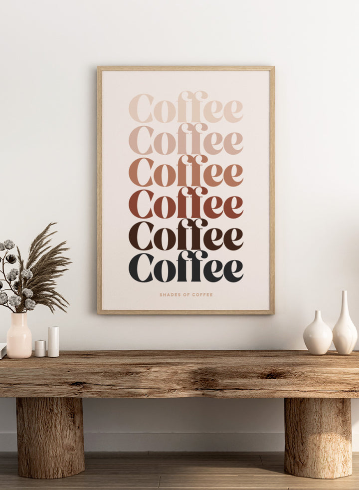 Shop Coffee Color Palette by Dominique Vari, a retro typography wall art print poster featuring layered coffee lettering in cream, beige, caramel, brown, and black.