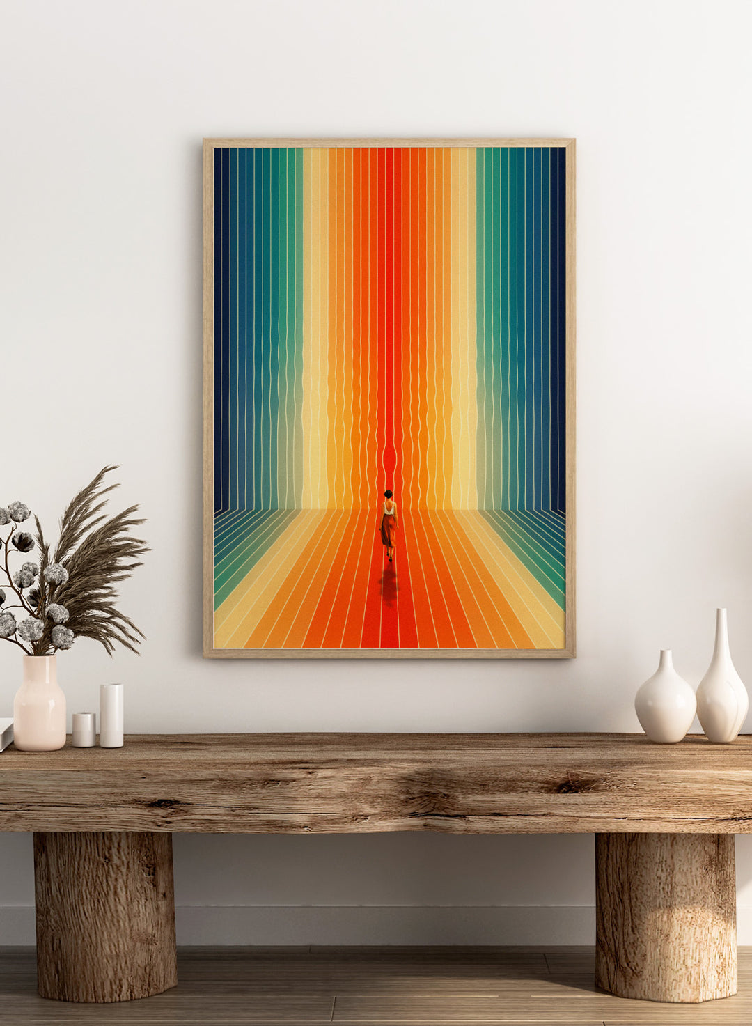 Artistic depiction of a person standing in a colorful, vertically striped space. Here I Come by Taudalpoi surreal retro sci-fi corridor art print with colorful perspective lines and lone figure, cosmic vintage style poster wall art.