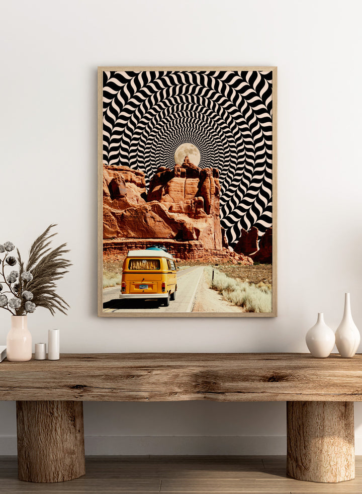 Van on a road with a surreal landscape and optical illusion pattern. The Real Road Trip by Taudalpoi surreal desert road trip art print with vintage van, red rock canyon and hypnotic cosmic sky, retro sci fi poster wall art.