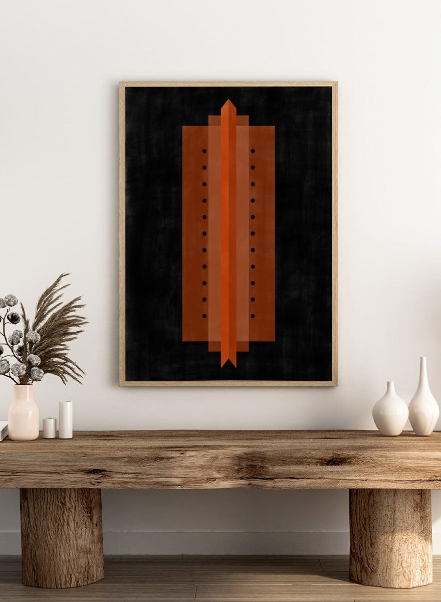 Shop Orange Art Deco Structure by Elena Ristova, a modern abstract wall art print poster featuring bold orange geometry, black dots, and strong symmetry.
