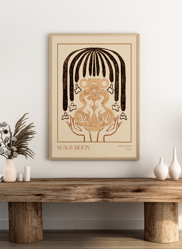 Artistic illustration of hands holding a symbol with 'Sun & Moon' text on a beige background. Vessel Collection: Sun & Moon by Arty Guava art print, modern vase wall poster with moon symbolism, contemporary minimalist line artwork.