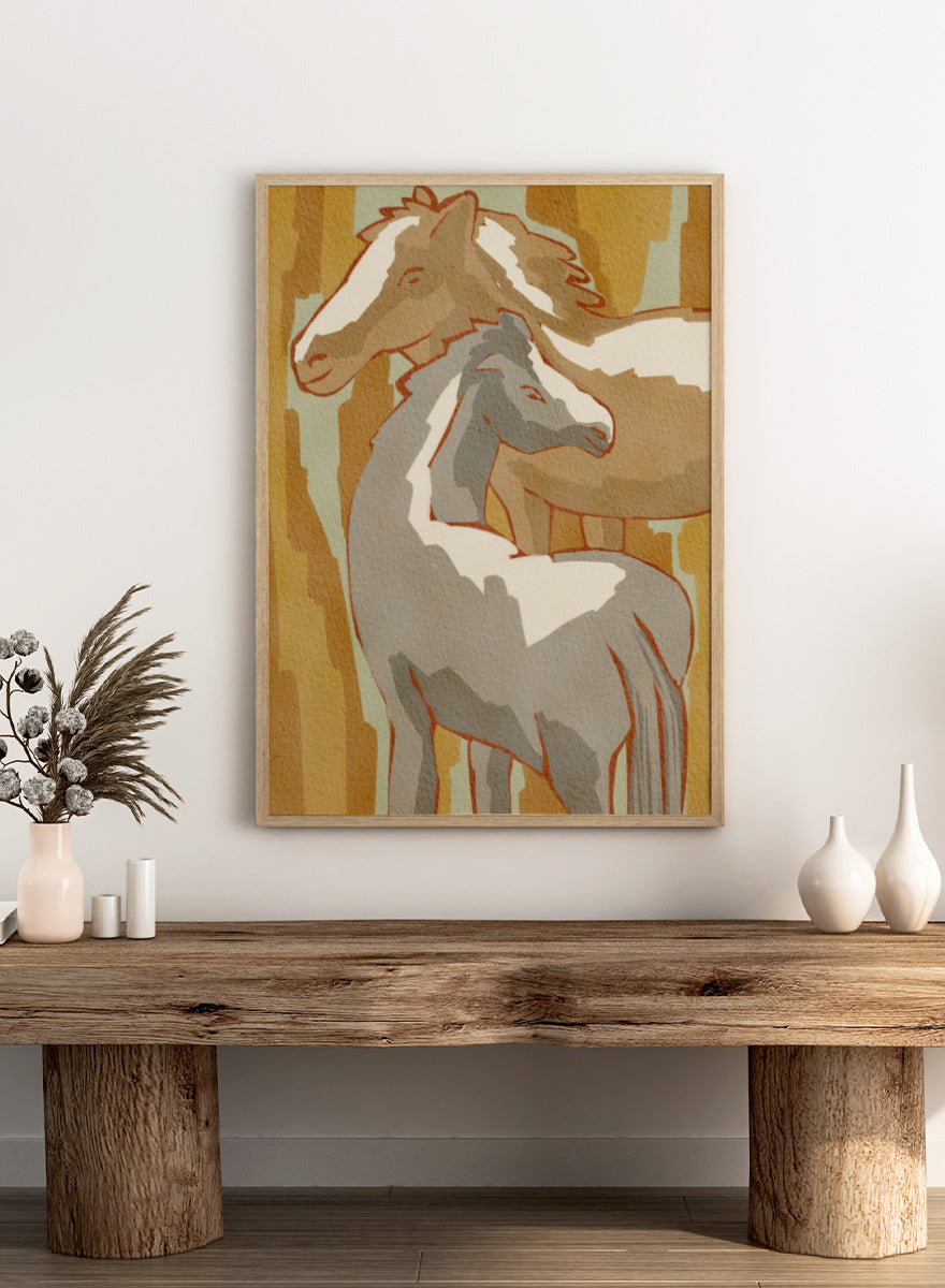 Shop Calm Horse Family by Nikita Jariwala, a modern horse wall art print featuring two horses in soft abstract shapes with warm ochre, cream, gray, and beige tones.
