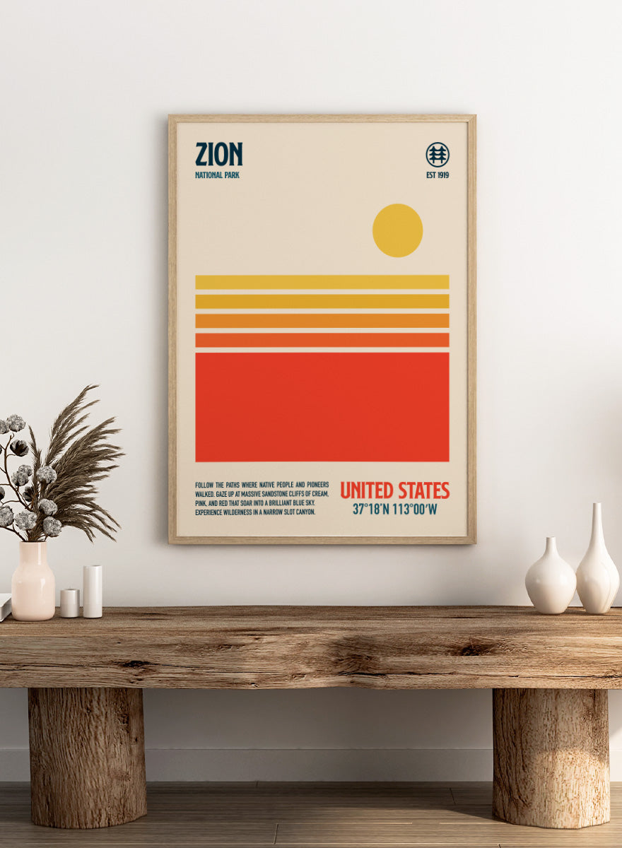 A minimalist Zion National Park poster with a cream background, dark blue text, a yellow sun, and horizontal stripes in cream, orange, and red. The bottom right reads &
