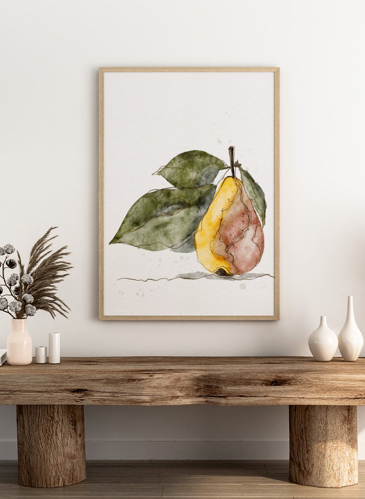 Watercolor painting of a pear with green leaves on a white background. Shop Earthy Pear Watercolor by Ankie Kooi, a botanical fruit wall art print poster featuring watercolor pear art, kitchen decor, green leaves, yellow, and pink.