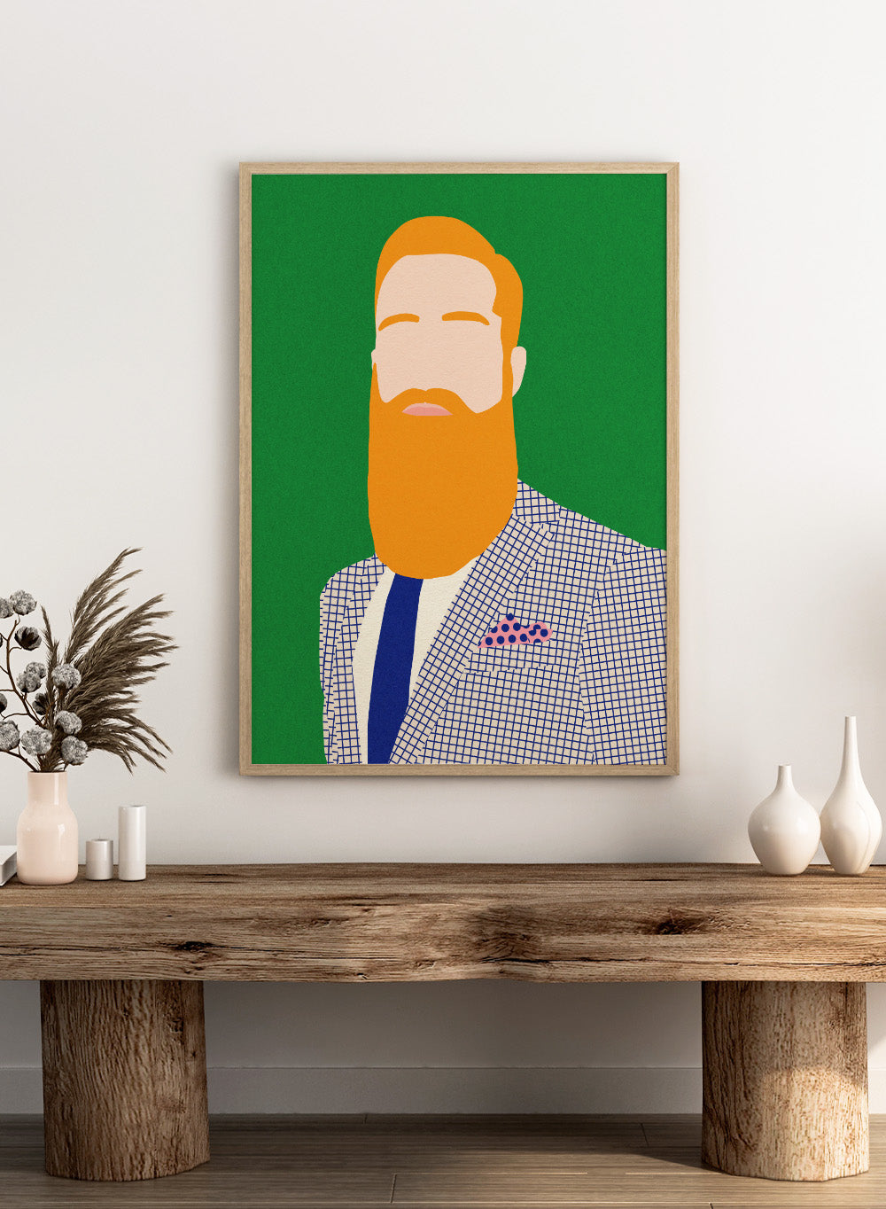 Illustration of a man with a beard wearing a checkered jacket and blue tie on a green background. Men From Barber Shop by Rosi Feist is a bold minimalist portrait art print with modern pop color, Bauhaus design, officially licensed fine art poster.