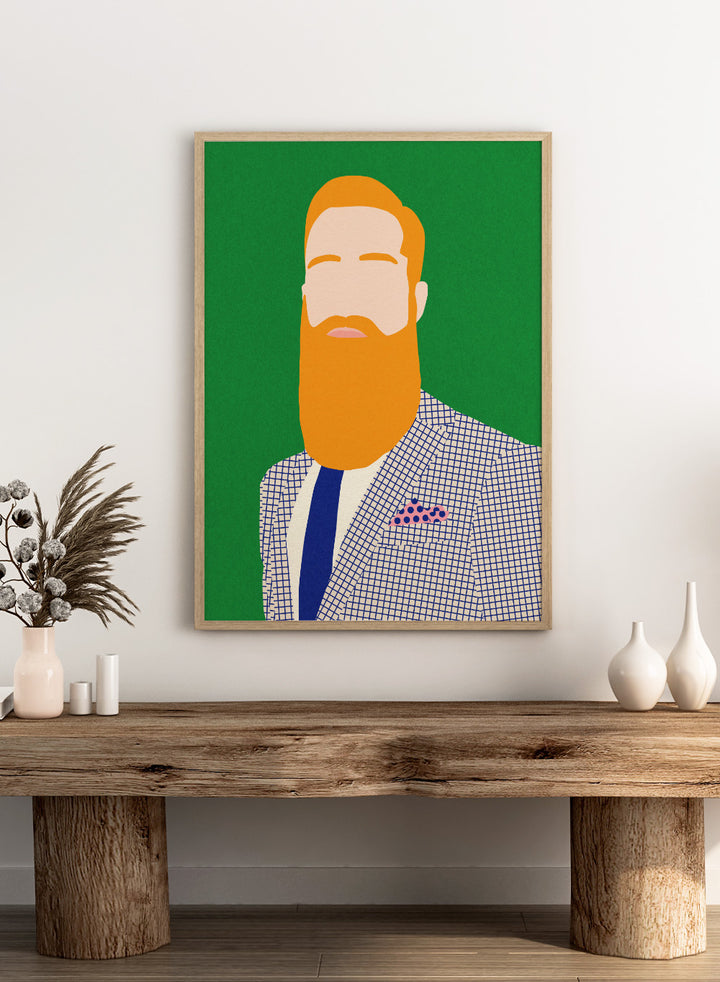 Illustration of a man with a beard wearing a checkered jacket and blue tie on a green background. Men From Barber Shop by Rosi Feist is a bold minimalist portrait art print with modern pop color, Bauhaus design, officially licensed fine art poster.