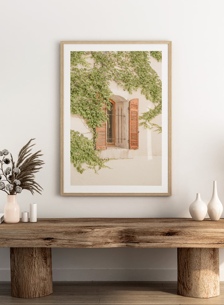 Window with wooden shutters framed by climbing ivy on a light-colored wall. Rustic Window With Ivy by Henrike Schenk is a European photography print featuring historic architecture, blooming flowers, and Mediterranean charm.