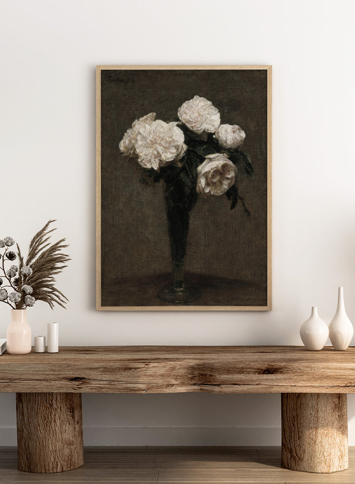 Shop Roses Flowers in a Vase by Henri Fantin-Latour, a vintage floral wall art print poster featuring pale roses in a dark vase against rich brown tones.