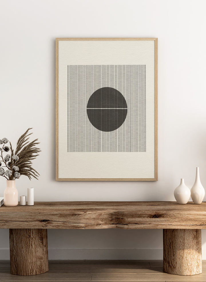 Geometric design with a circle and horizontal line on a striped background. Line and Circle Harmony by The MIUUS Studio is a minimalist abstract art print and wall poster featuring geometric linework, bold contrast, and modern black and white design.