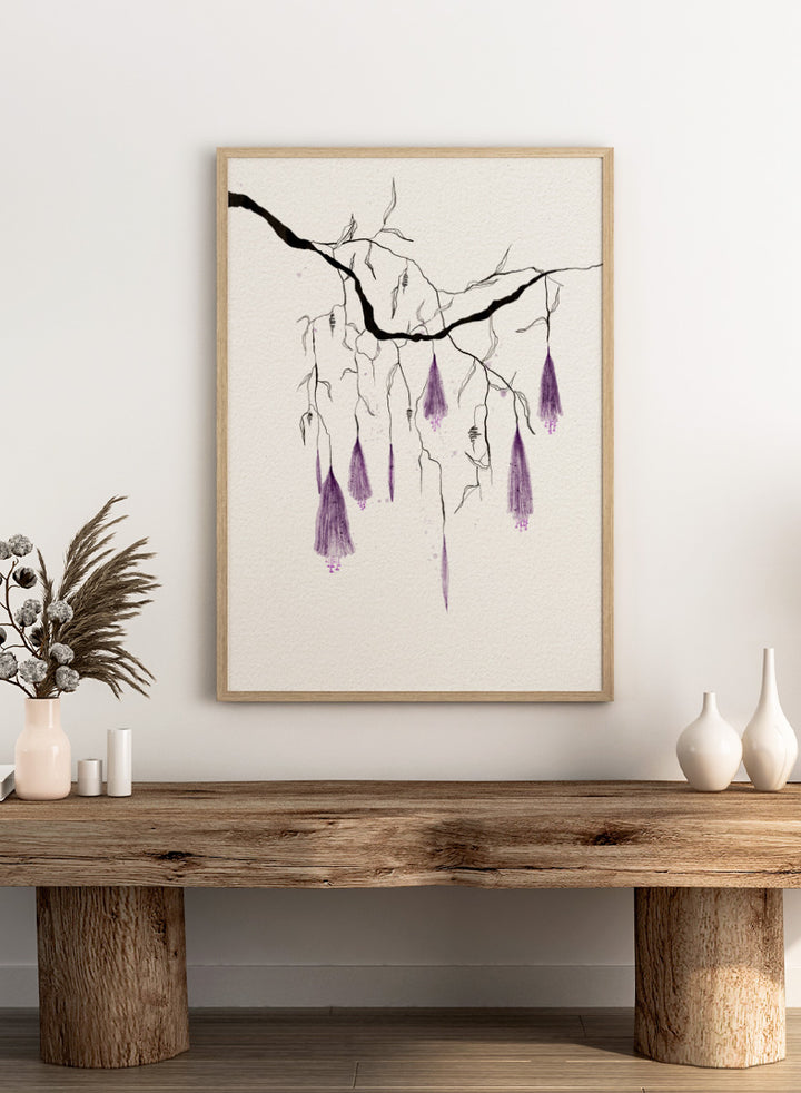 A framed art print featuring a delicate black ink sketch of willow branches with hanging purple blossoms on a textured off-white background. Shop Purple Hanging Blooms by Ankie Kooi, a floral wall art print poster with hanging purple flowers, botanical branch art, watercolor florals, black, and cream.