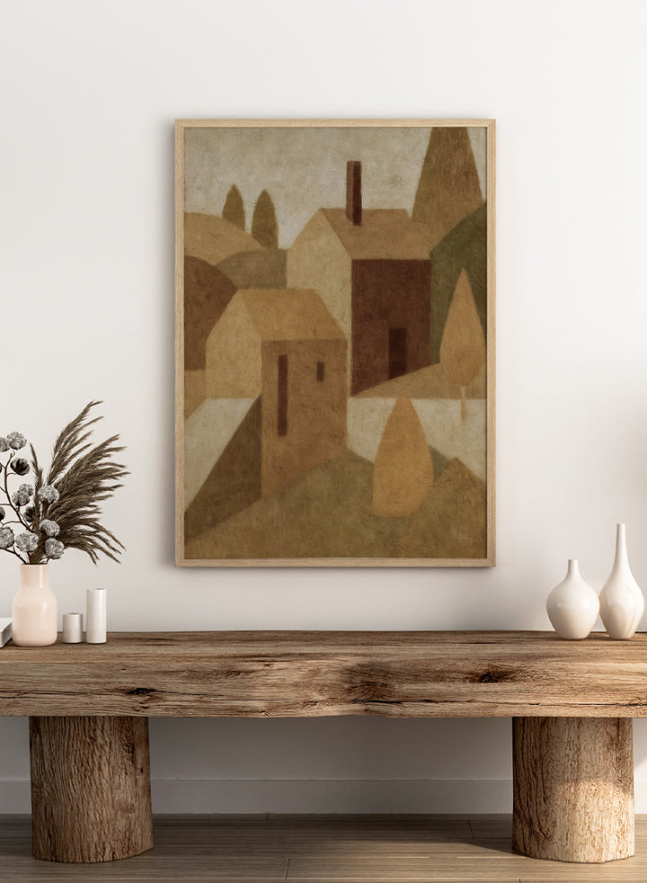 An abstract cubist-style landscape painting featuring geometric houses, trees, and hills in muted beige, brown, tan, and olive tones. Shop Cottage by Dan Hobday, a contemporary landscape painting art print featuring abstract village cottages, tall trees, layered hills, and warm earthy tones.