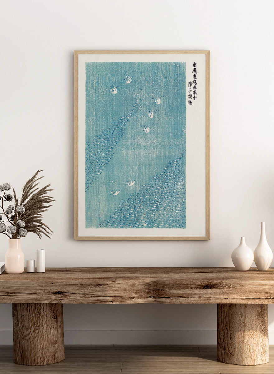 Yatsuo no Tsubaki by Taguchi Tomoki is a vintage Japanese woodblock art print featuring white birds, textured blue water, and traditional wave motifs.