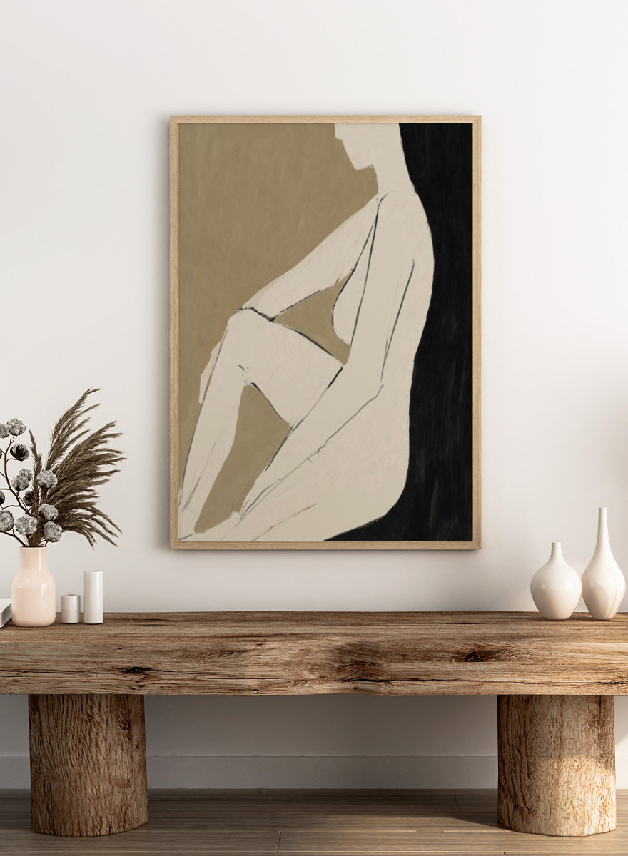 Shop Chill by Dan Hobday, a contemporary figurative art print featuring a relaxed seated figure, soft neutral tones, bold black forms, and minimal linework.