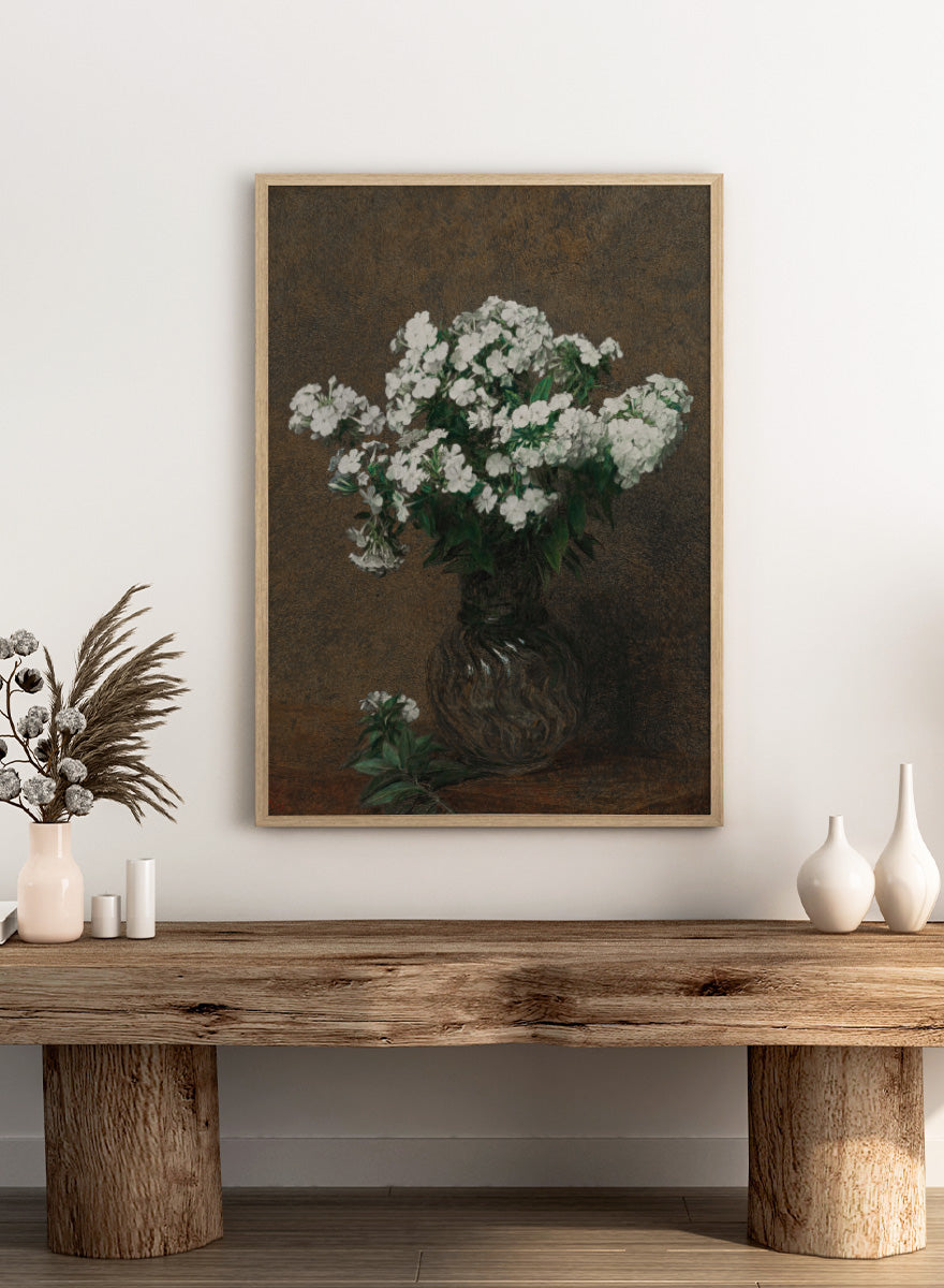 Shop White Phlox in a Vase by Henri Fantin-Latour, a vintage floral wall art print poster featuring a full bouquet of white phlox against a rich brown background.