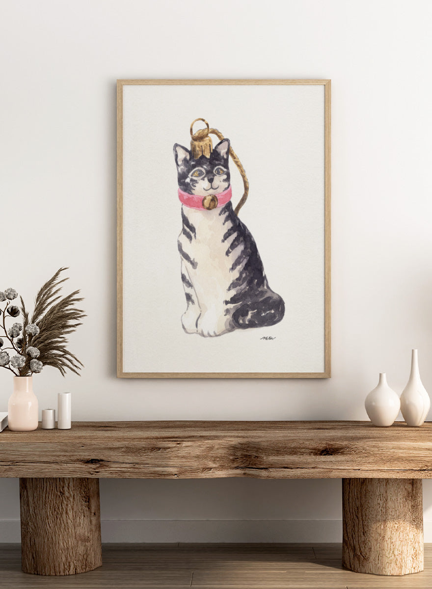 Shop Cute Tabby Ornament by NKTN, a festive cat wall art print poster featuring a gray tabby in a pink collar with a gold bell and Christmas ornament detail.