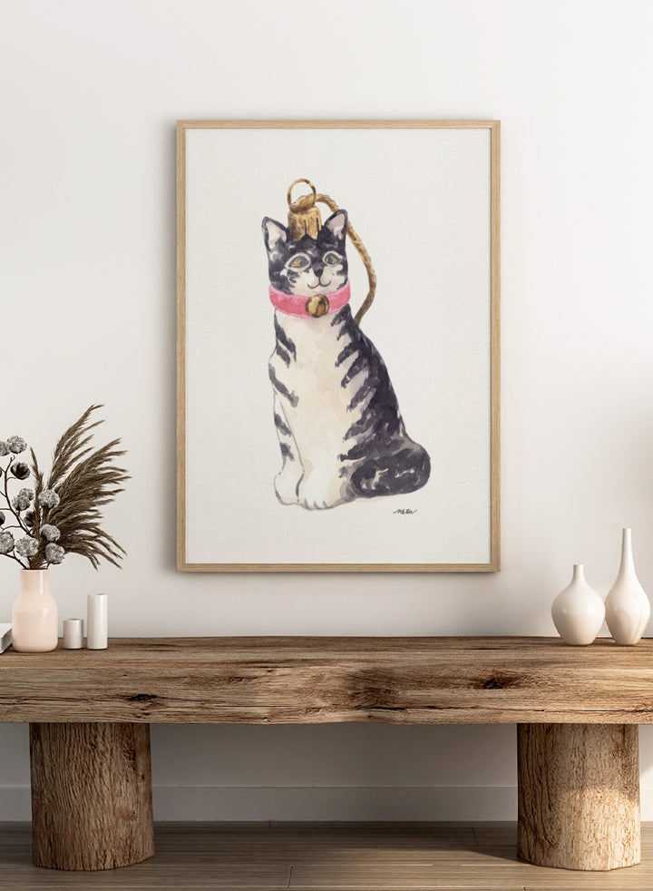 Shop Cute Tabby Ornament by NKTN, a festive cat wall art print poster featuring a gray tabby in a pink collar with a gold bell and Christmas ornament detail.