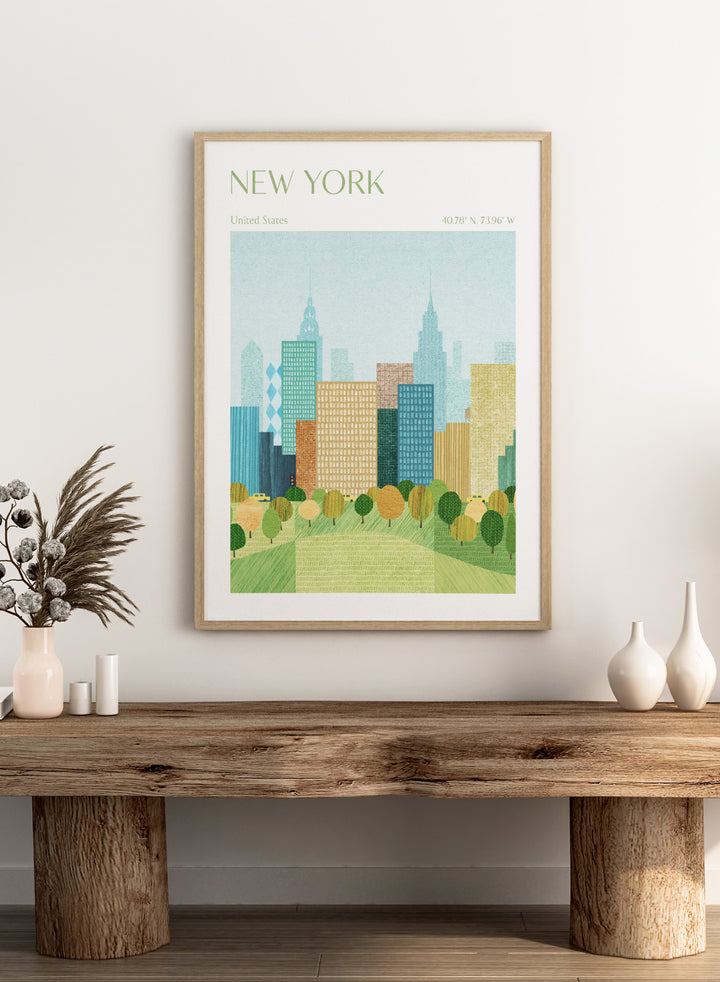 Illustration of a city skyline with trees in the foreground, labeled 'New York'. New York City Park by Longwayhome is a minimalist cityscape art print featuring the New York skyline, green park scenery, and modern travel inspired design.
