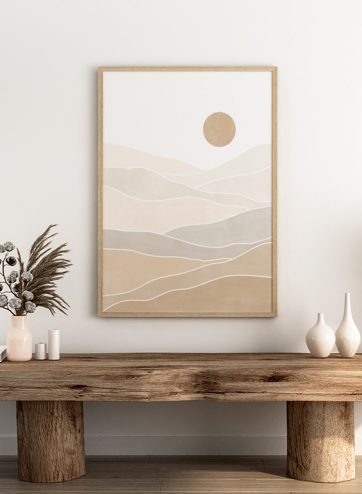 Shop Layered Desert Sun by Elena Ristova, a modern desert wall art print poster featuring soft layered dunes, pale neutral tones, and a muted sun.