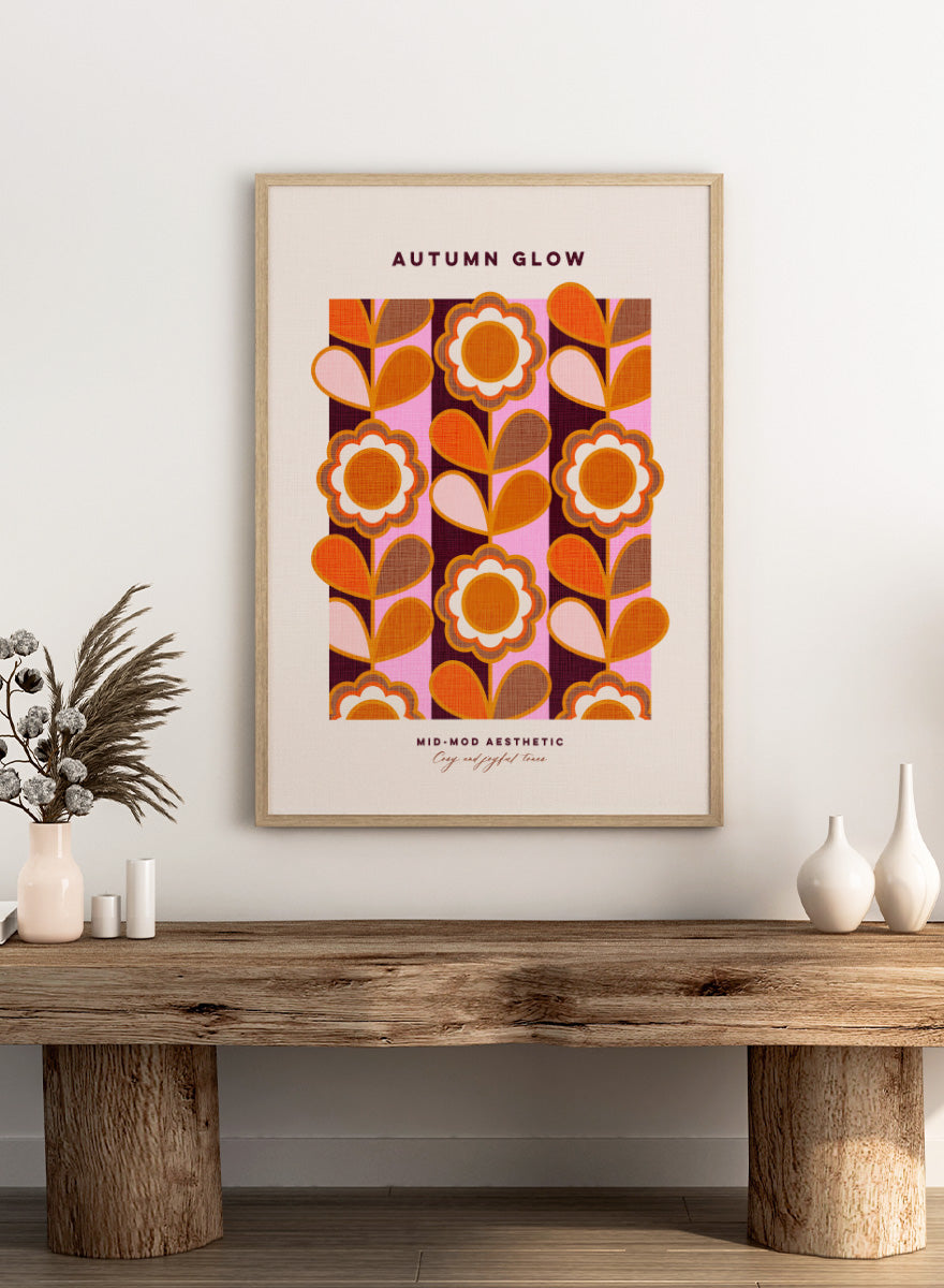 Shop Mid-Mod Autumn Glow by Dominique Vari, a retro floral wall art print poster featuring bold flowers, striped patterns, and warm orange, pink, brown, and burgundy tones.