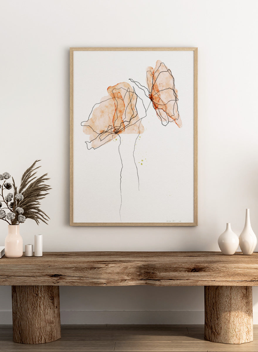 Abstract floral art print featuring two watercolor-style peach and orange flower shapes with thin black line details on a white background. Shop Abstract Peach Flowers by Ankie Kooi, a floral wall art print poster with abstract botanical line art, watercolor flowers, peach, orange, and black.