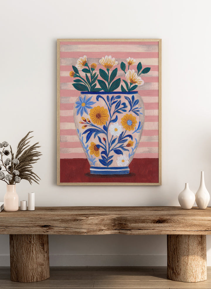Decorative vase with floral design on a striped background. Potted Florals Pastels & Stripes by Caroline Bonne Müller is a fine art print and wall poster featuring a floral vase with pastel stripes background.