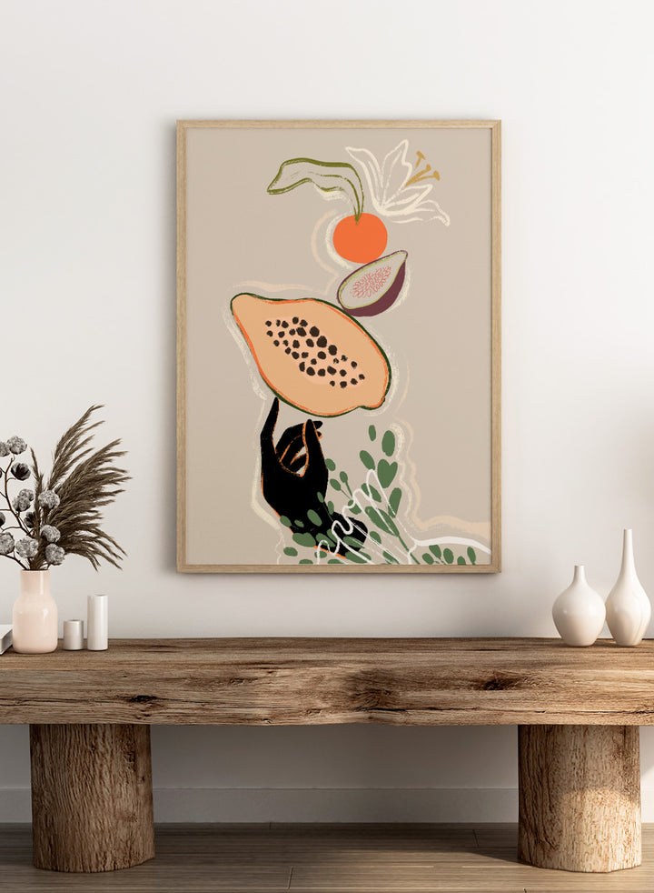 Illustration of a sloth holding a papaya with a beige background. Balancing Fruits by Arty Guava is a modern fruit still life art print with papaya and fig. Officially licensed wall poster for kitchen decor.